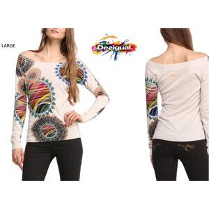 Large Desigual Beige Lekan Knit Pullover Sweater Top